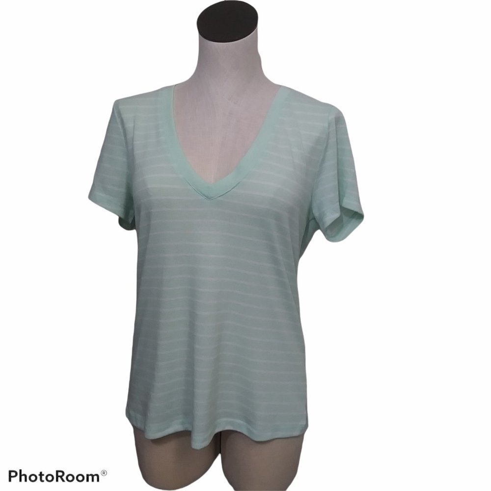 Abbot Main Tee Shirt Womens Medium Linen Blend‎ Stripe V Neck Short Sleeve Mint